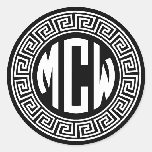 白黒サークルモノグラムフォントギリシャ鍵フレーム ラウンドシール (正面)