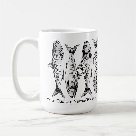 白黒サーディンラインアップアート名前をカスタムするフレーズ コーヒーマグカップ (左)