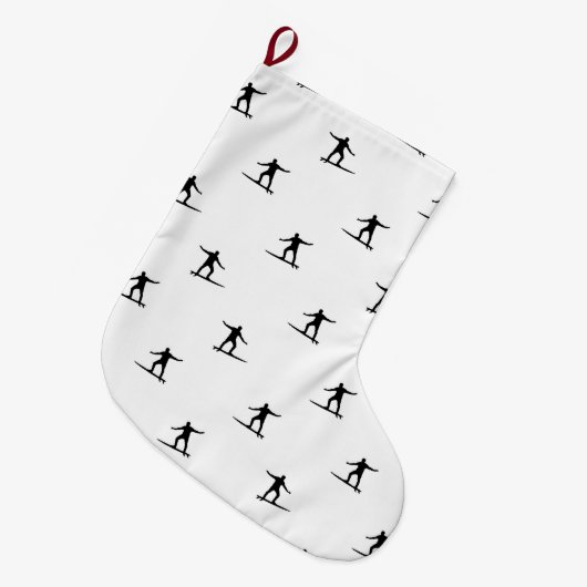 白黒サーフィンモチーフのグラフィックプリント ラージクリスマスストッキング (正面 (吊り時))