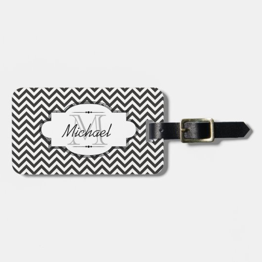 白黒シェブロンのストライプな荷物のラベル ラゲッジタグ (正面横)