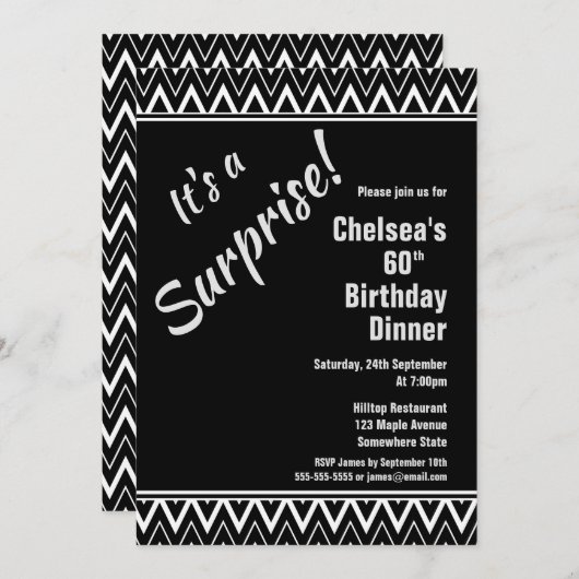 白黒シェブロンサプライズ60th誕生日ディナー 招待状 (正面/裏面)