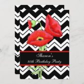 白黒シェブロンジザグザグレッドポピー80誕生日 招待状 (正面/裏面)