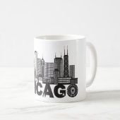 白黒シカゴ都市スカイラインの文字 コーヒーマグカップ (正面右)