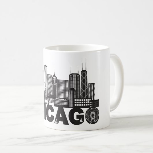 白黒シカゴ都市スカイラインの文字 コーヒーマグカップ (正面右)