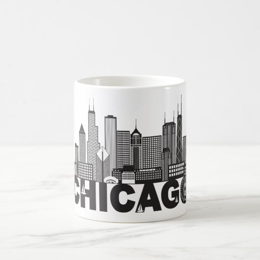 白黒シカゴ都市スカイラインの文字 コーヒーマグカップ (中央)