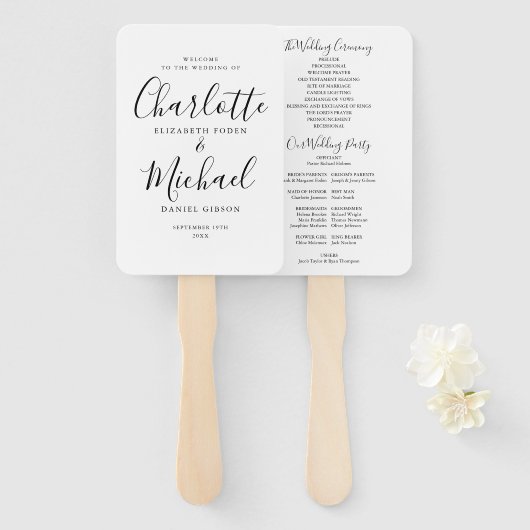 白黒シグネチャースクリプト結婚式 プログラム ハンドファン (正面&裏面)