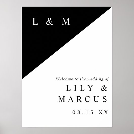白黒シックなモノグラム結婚の歓迎サイン ポスター (正面)