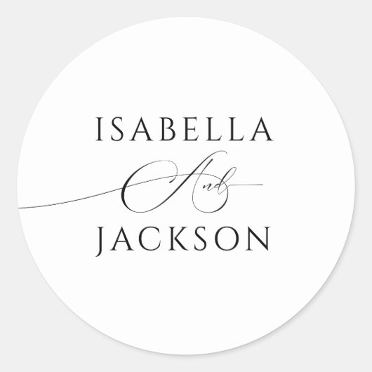 白黒シックエレガントカップル名結婚ズ ラウンドシール (正面)