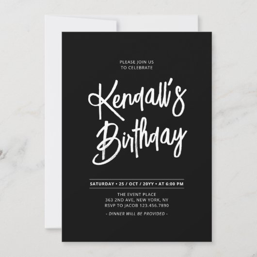 白黒シックレタリングスクリプトバースデーパーティー 招待状 (正面)