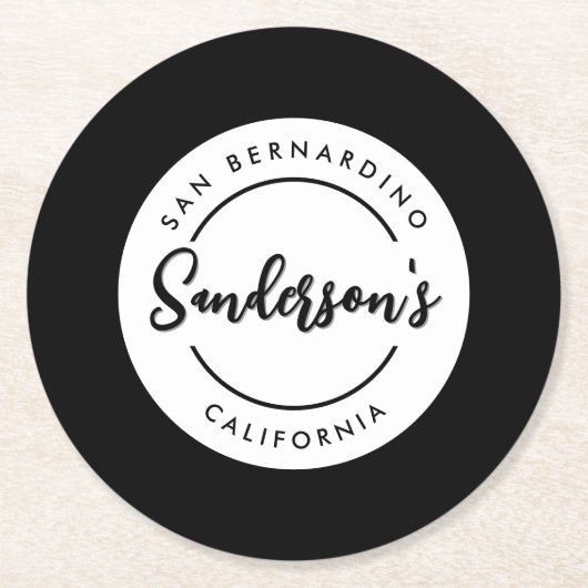 白黒シティタウンプレイスロケーションネームサークル ラウンドペーパーコースター (正面)