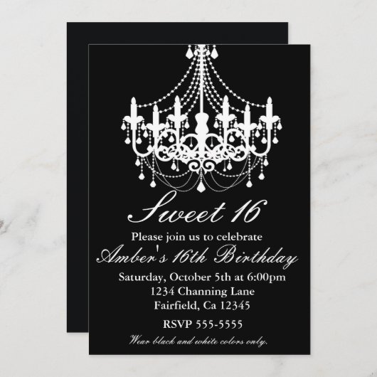 白黒シャンデリアスウィート16パーティー招待状 招待状 (正面/裏面)