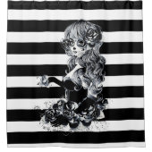 白黒シュガーストライプのスカルガール シャワーカーテン (正面)