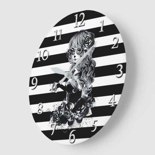 白黒シュガーストライプのスカルガール ラージ壁時計 (傾斜)