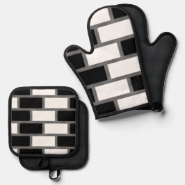 白黒シリトータータンチェック市松模様に模様 鍋つかみ&鍋敷きセット