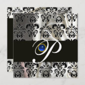 白黒シルクダマスクモノグラムブルーサファイア 招待状 (正面/裏面)