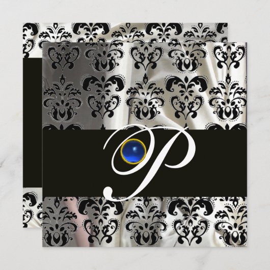 白黒シルクダマスクモノグラムブルーサファイア 招待状 (正面/裏面)