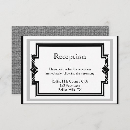 白黒シルバーアールデコウェディングレセプション エンクロージャーカード (正面/裏面)