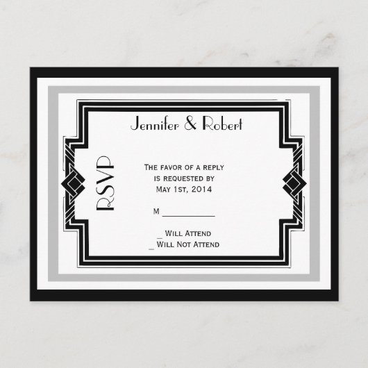 白黒シルバーアールデコフレームRSVPポストカード インビテーションポストカード (正面)