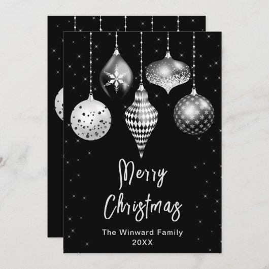 白黒シルバーオーナメントメリークリスマス シーズンカード (正面/裏面)