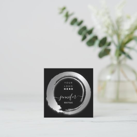 白黒シルバーカスタムQRロゴショップ スクエア名刺 (スタンド正面)