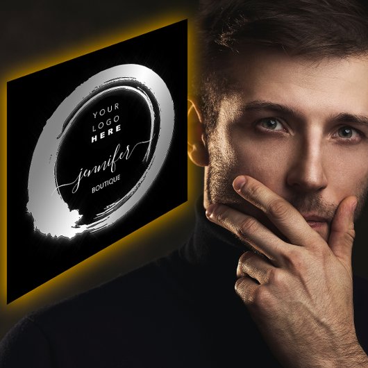 白黒シルバーカスタムQRロゴショップ スクエア名刺