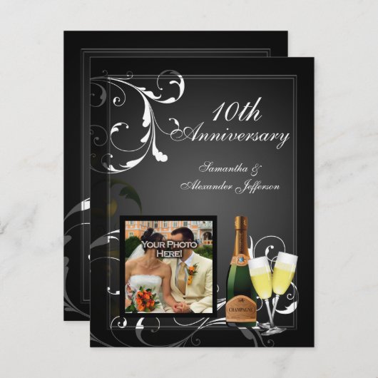 白黒シルバーシャンパン写真記念日 招待状 (正面/裏面)