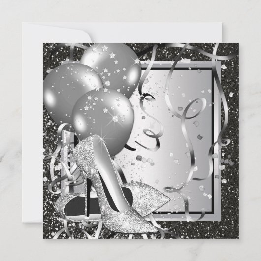 白黒シルバーハイヒールウーマンバースデーパーティー 招待状 (裏面)