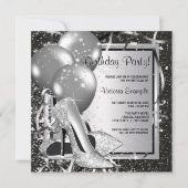 白黒シルバーハイヒールウーマンバースデーパーティー 招待状 (正面)