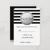 白黒シルバーフォイルストライプのサークルRSVPカード 出欠カード (正面/裏面)