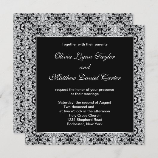 白黒シルバーレ結婚ース 招待状 (正面/裏面)