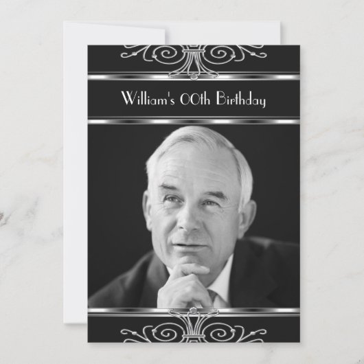 白黒シルバーヴィンテージデコバースデーパーティー 招待状 (正面)