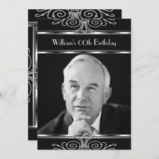 白黒シルバーヴィンテージデコバースデーパーティー 招待状 (正面/裏面)