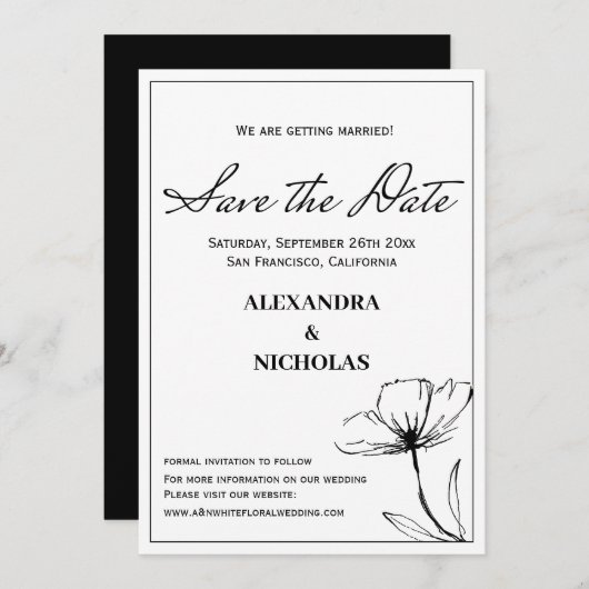 白黒シンプルのモダン保存日 セーブザデート (正面/裏面)