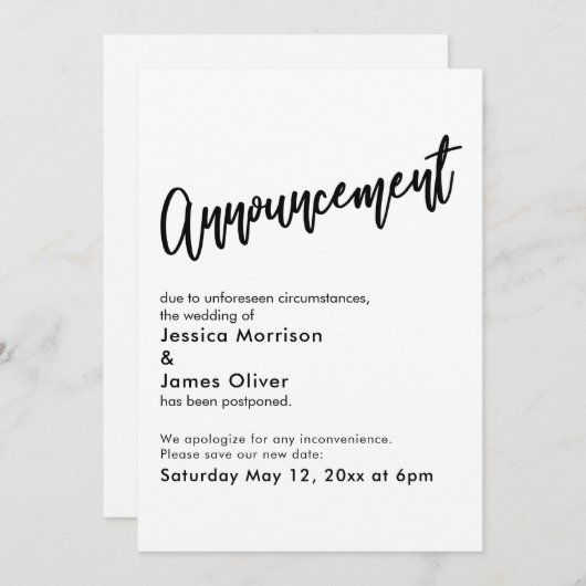 白黒シンプルの延期結婚発表 招待状 (正面/裏面)