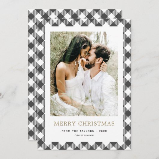 白黒シンプルの格子模様の写真メリークリスマス シーズンカード (正面/裏面)