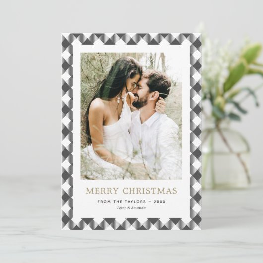 白黒シンプルの格子模様の写真メリークリスマス シーズンカード (スタンド正面)