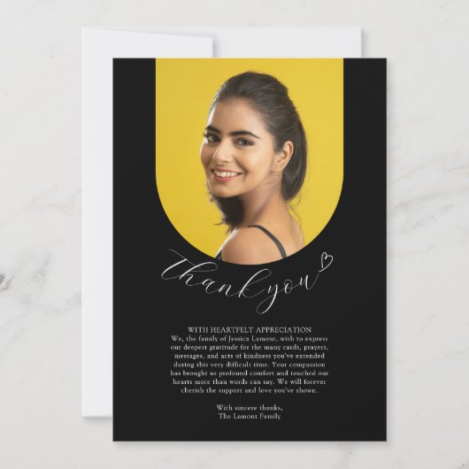 白黒シンプルの葬儀の写真の心の底 サンキューカード (正面)