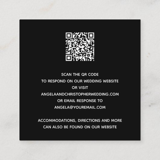 白黒シンプルウェディングRSVP QRコード エンクロージャーカード (裏面)