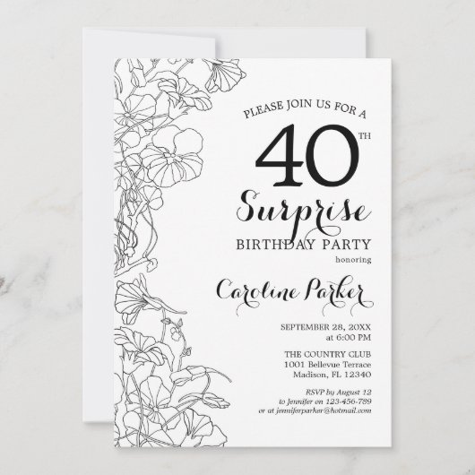 白黒シンプルサプライズ40th誕生日パーティー 招待状 (正面)