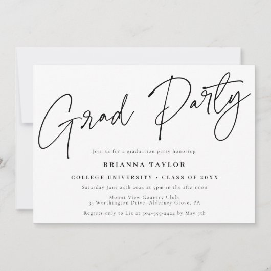 白黒シンプルシックスクリプト卒業パーティー 招待状 (正面)