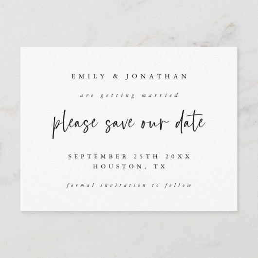 白黒シンプルスクリプト結婚式の日付の保存 案内ポストカード (正面)