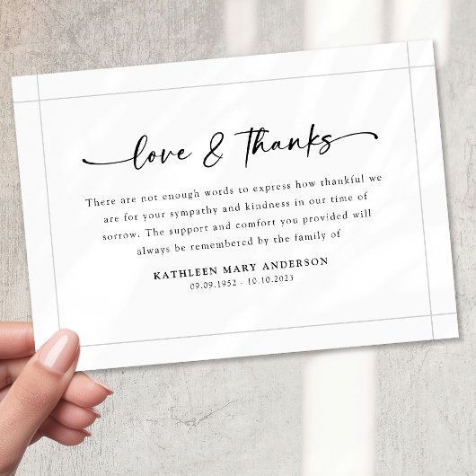 白黒シンプルスクリプト葬儀 サンキューカード