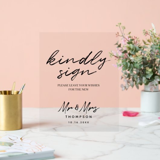 白黒シンプルスクリプ結婚トのゲストブックサイン アクリルサイン (ウェディング)