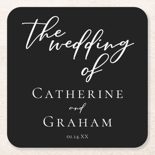 白黒シンプルタイポグラフィシック冬ウェディング スクエアペーパーコースター (正面)