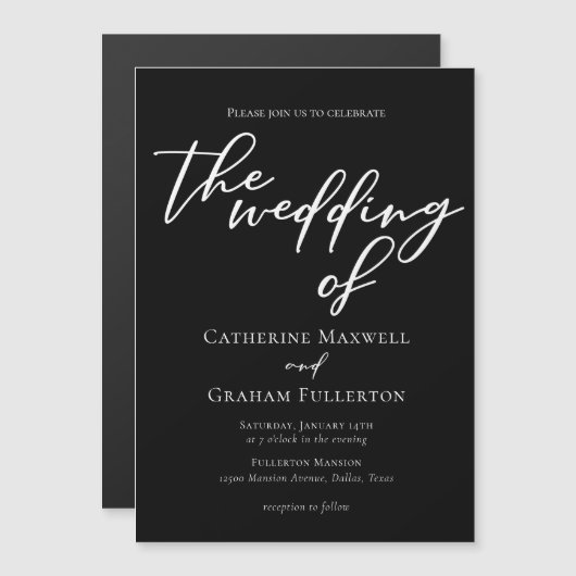 白黒シンプルタイポグラフィシック冬ウェディング マグネット招待状 (正面/裏面)