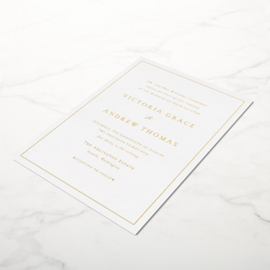 白黒シンプルタイポグラフィフォーマル結婚の 箔招待状 (回転した状態)