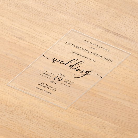 白黒シンプルタイポグラフィ結婚ズ アクリル招待状 (レイダウン)