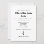 白黒シンプルトレブルクレフ、 音符記号フルート音楽リサイタル 招待状 (正面)