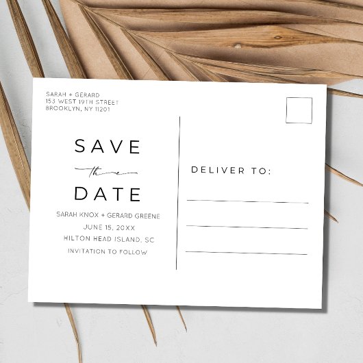 白黒シンプルビーチ結婚式日付の保存 案内ポストカード
