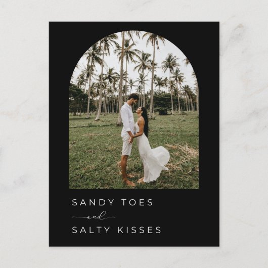 白黒シンプルビーチ結婚式日付の保存 案内ポストカード (正面)
